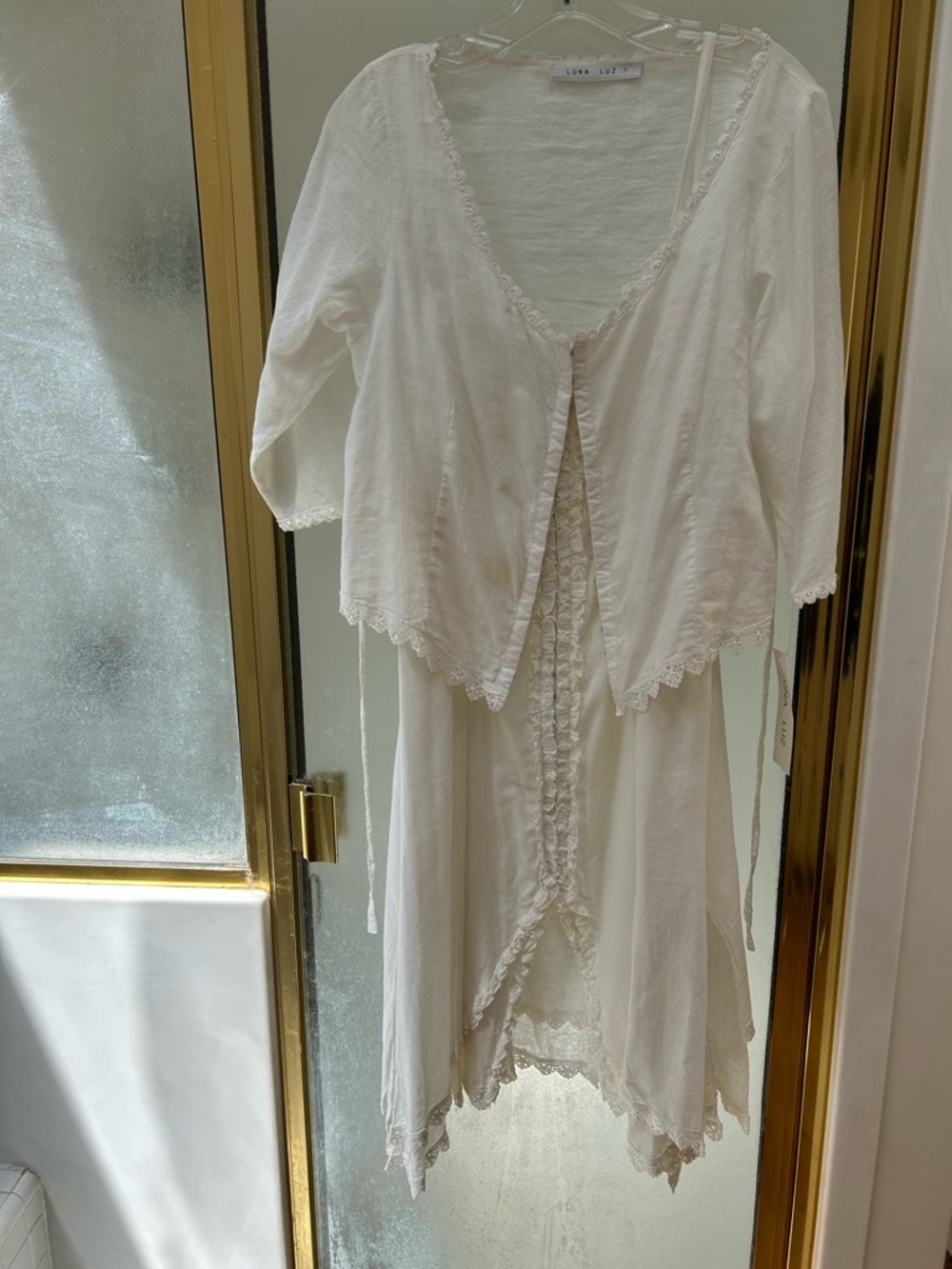Luna + Luz Cream Lace-Trim Cotton Chemise & Cover-Up Set